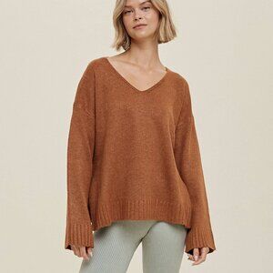 Marled V-Neck Sweater with Side Slits